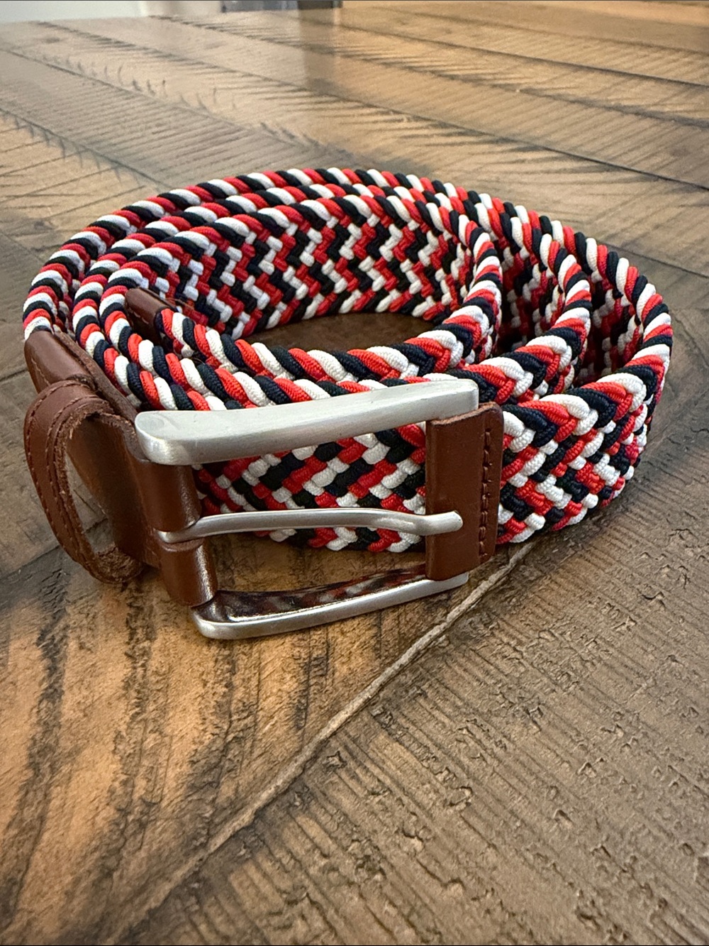 Puma Red White Navy Braided Stretch Belt with Brown Trim